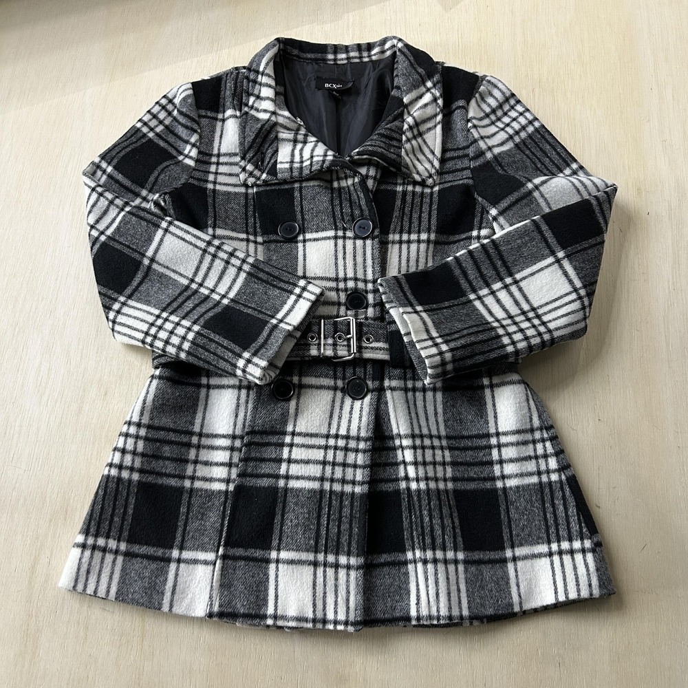 Y2K BCX Girl Coat Girls Large L Black White Plaid Wool Blend Belted Pea Coat